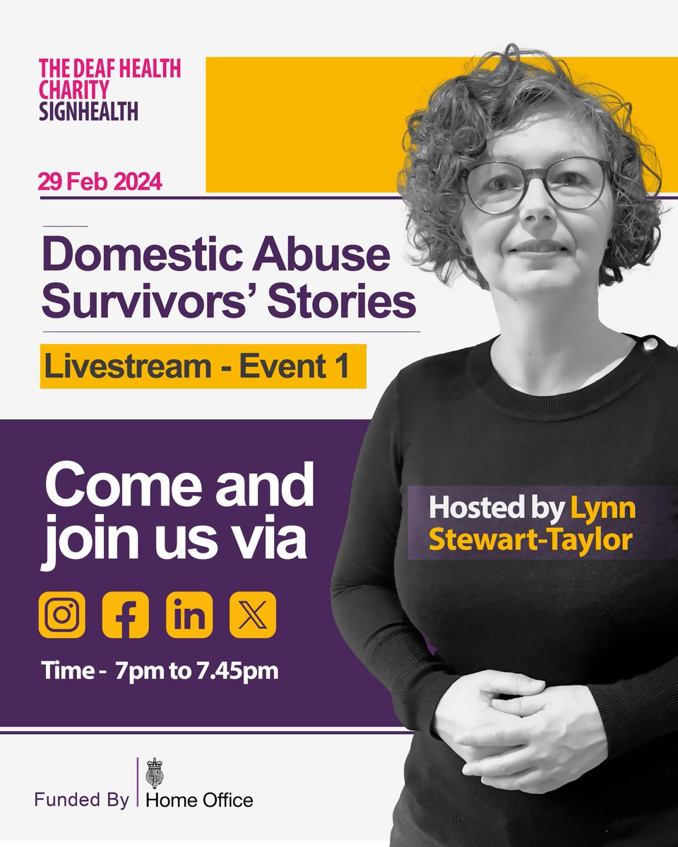 Come and join us here on 29 February for a livestream event featuring domestic abuse survivors' stories and hosted by @jerseysnail ALT TEXT: SignHealth logo, 29 Feb 2024, Domestic Abuse Survivors' Stories Livestream Event 1, Come and join us