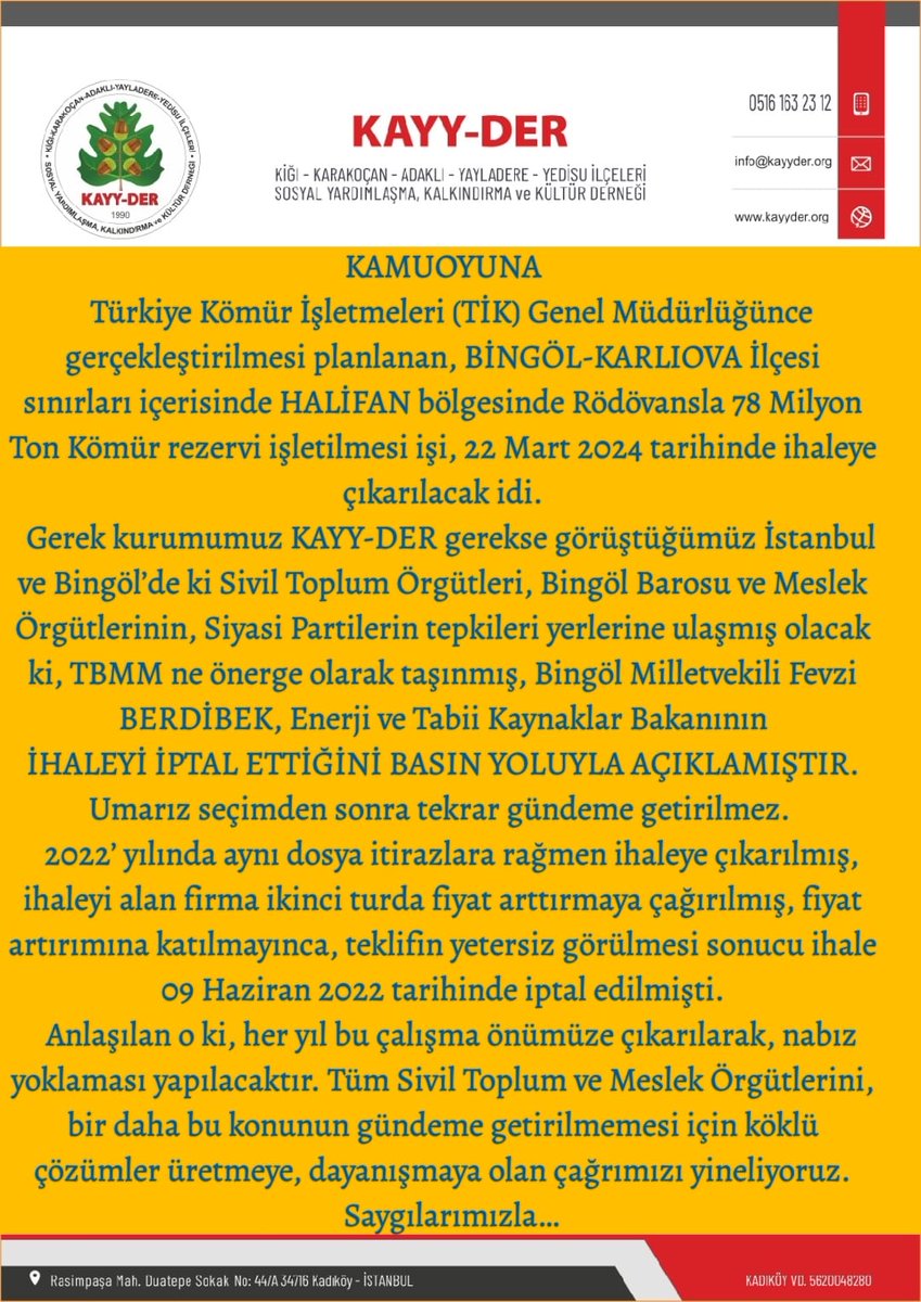 Bingöl Karlıova Halifan bölgesinde çıkarılması düşünülen kömür rezervi ihalesi iptal edildi. Umarız sadece seçim için alınmış bir karar değildir.
#BingöldeTermikSantraleHayır
#Bingöl
#TermikSantral
#Çevre