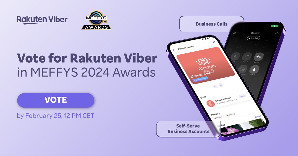 Rakuten Viber is nominated for the MEFFYS 2024 Award by @MEF!🏆 We invite you to vote for our solutions by Feb 25, 12PM CET: 🔸Business Calls in Global Connectivity category 🔸Self-Serve Business Accounts in Content & Advertising category 👉mobileecosystemforum.com/meffys-2024/