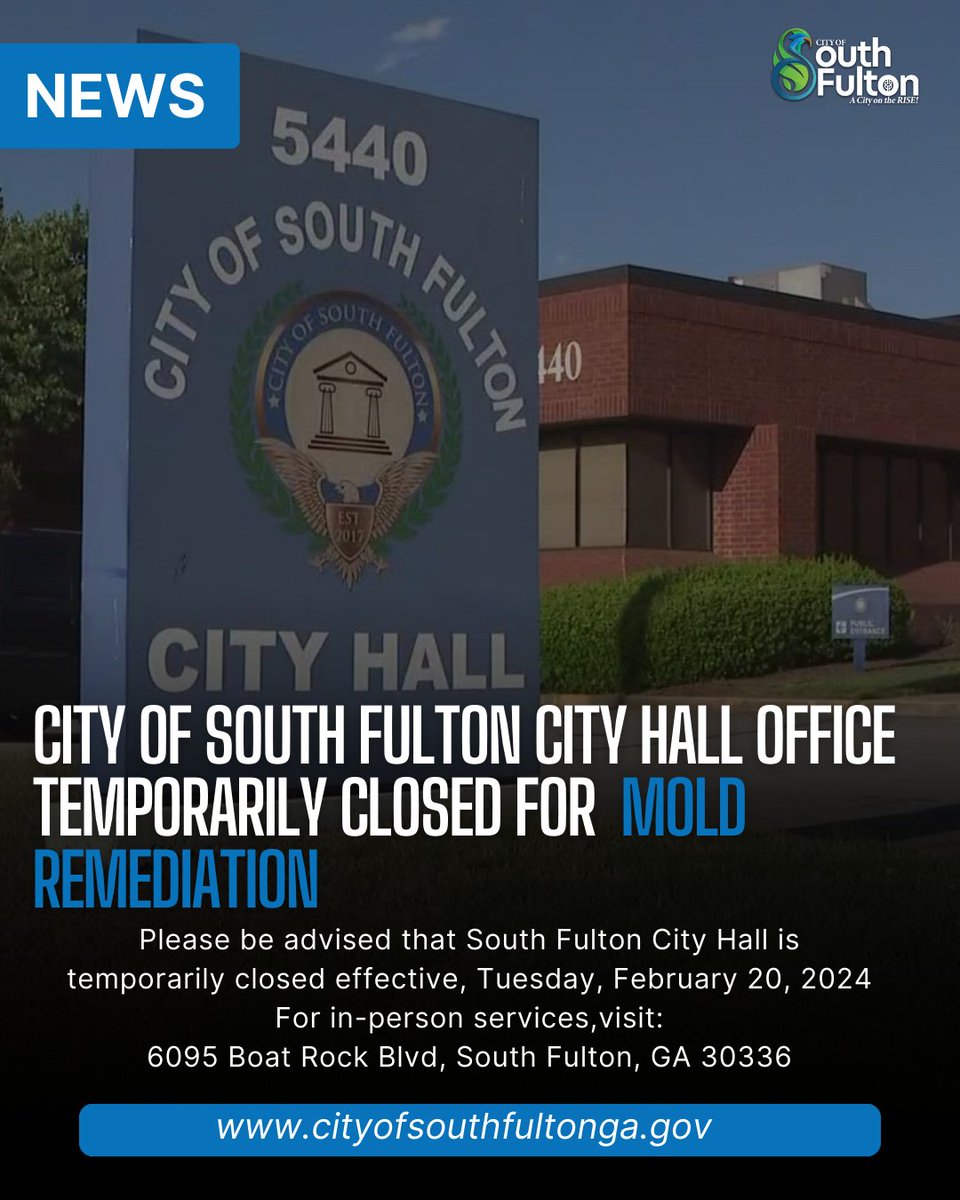 Important Notice: City Hall temporarily closed for mold remediation. Permitting and business licensing staff will relocate to 6095 Boat Rock Blvd, South Fulton, GA 30336. More info on our website. Thank you for your understanding. Full Release: tinyurl.com/COSFCityHallCl…