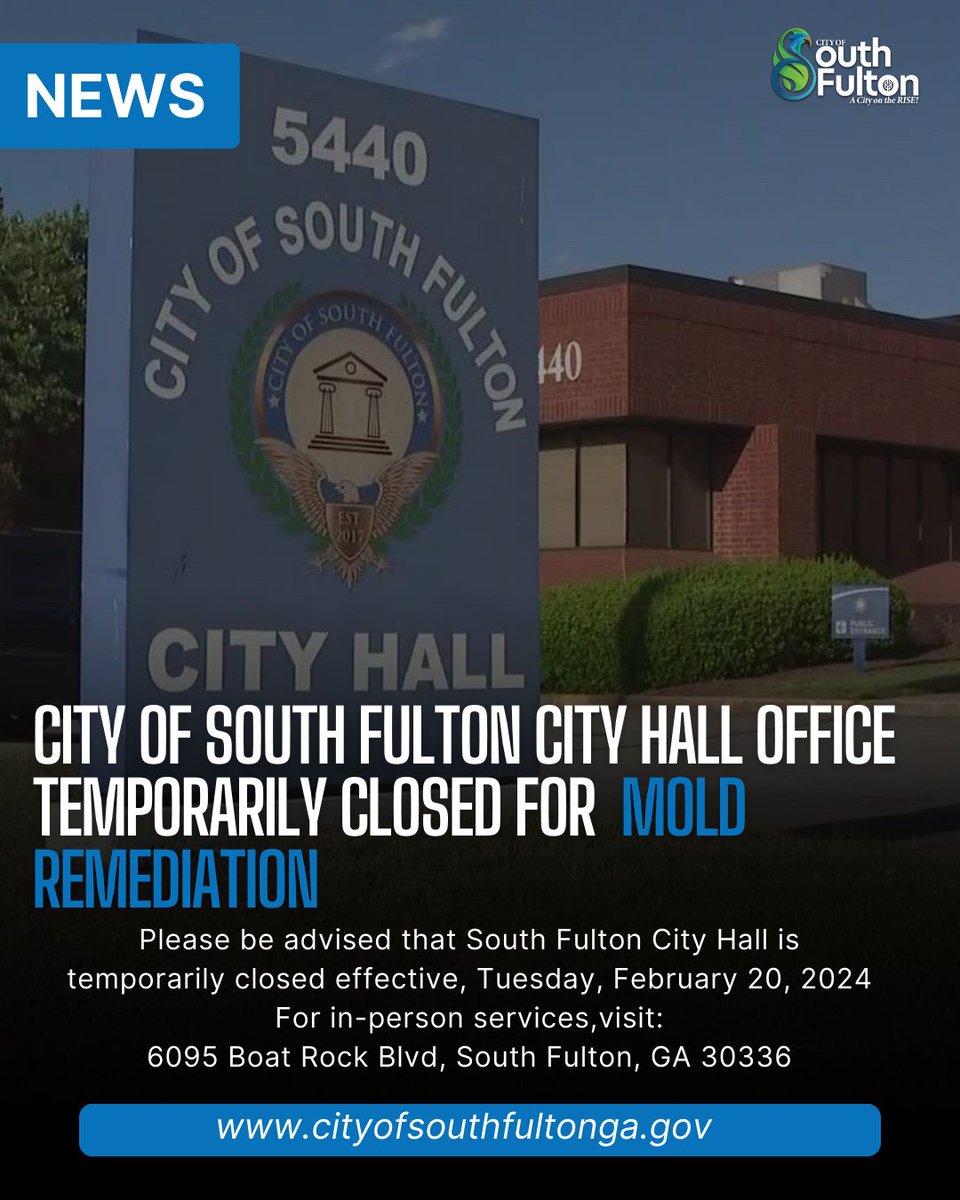 Important Notice: City Hall temporarily closed for mold remediation. Permitting and business licensing staff will relocate to 6095 Boat Rock Blvd, South Fulton, GA 30336. More info on our website. Thank you for your understanding. 

Full Release: tinyurl.com/COSFCityHallCl…