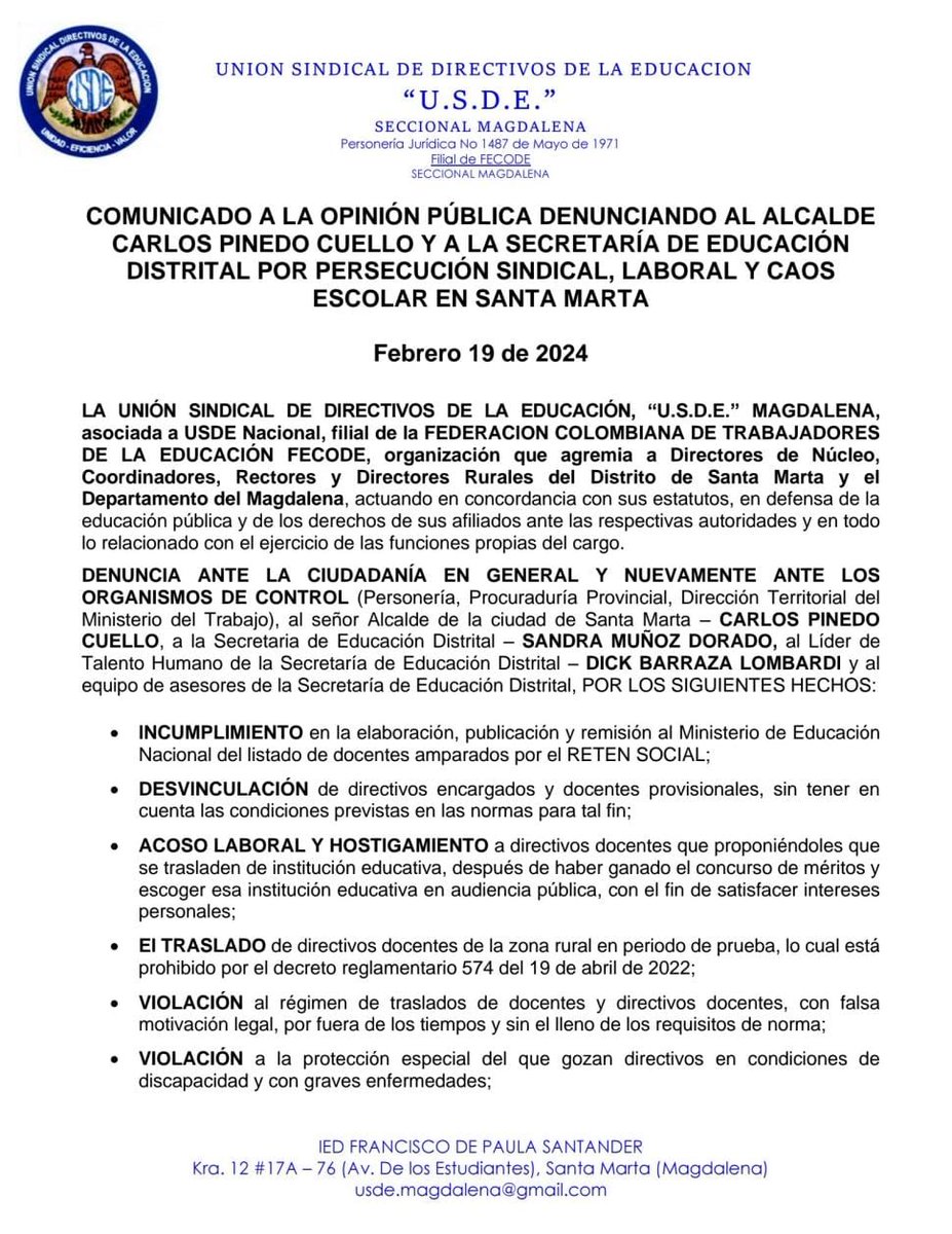 usdemagdalena's tweet photo. Comunicado a la opinión pública https://t.co/e0P85d6wHj