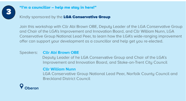 🔵Conservative Local Government Conference this week 👉The LGA Conservative Group will be holding two sessions for Councillors, details below, between 2:30-4pm. ➡️Do attend both sessions to hear from @CllrKBentley, @AbiBrown1, @WillumNunn, and @askcolinnoble