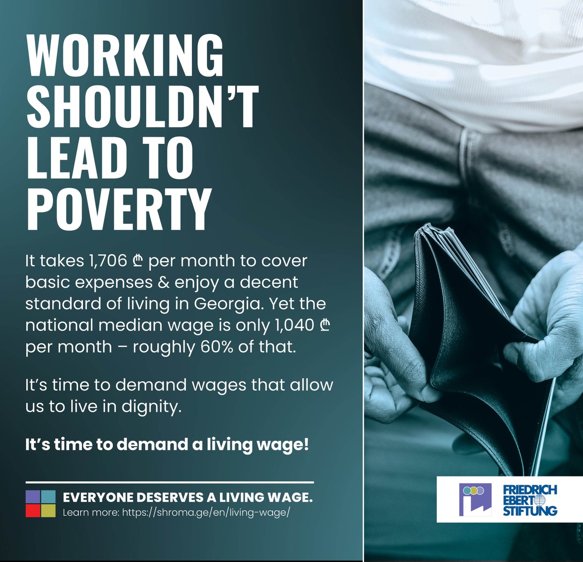 In #Georgia, work just doesn’t pay. It takes 1,706₾ per month just to cover basic needs - a so-called living wage. But the median wage is just 1,040₾ per month. Work shouldn’t be a path to poverty. Workers should make a living wage. Learn more: shroma.ge/en/living-wage…