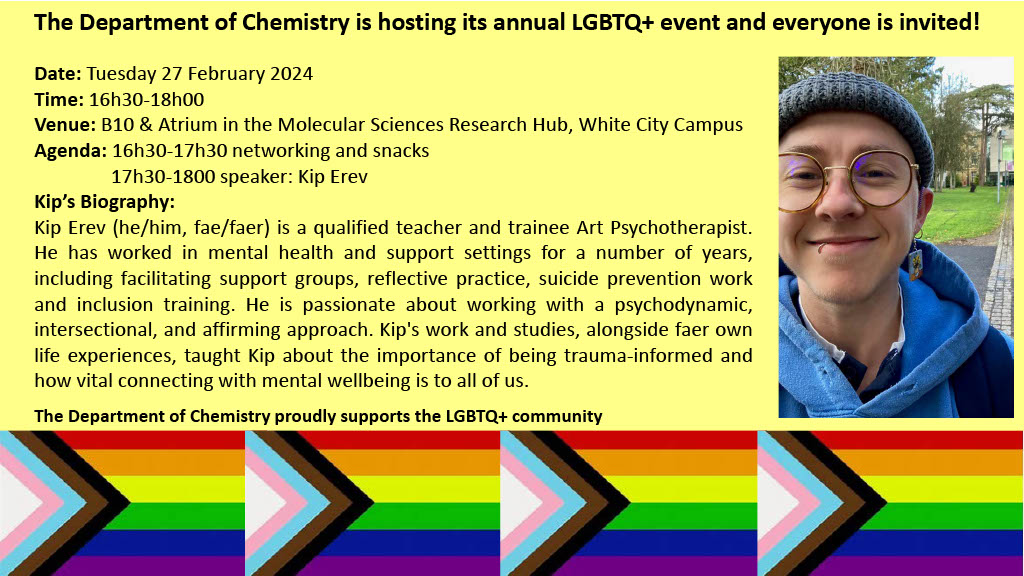 impchemistry's tweet photo. Join us at the annual LGBTQ+ Event hosted by the Department of Chemistry. πβ¨ If you're interested, please contact Ingrid at i.temmerman@imperial.ac.uk for more details.
Let's celebrate diversity and inclusion together! #LGBTHistoryMonth #ChemistryEvent #DiversityandInclusion https://t.co/wYcpTDpQin