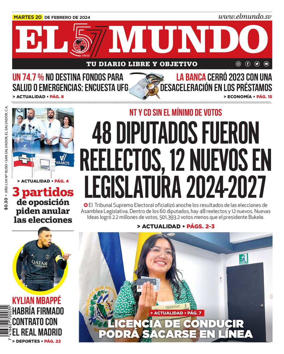 ElMundoSV's tweet photo. Buenos días lectores esta es nuestra #PortadaDEM para este martes 20 de febrero te invitamos a leer la versión completa del E-paper en el siguiente enlace.
https://t.co/RZrGUOxfjQ https://t.co/aVgHiFtANo