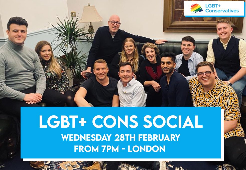 The London Social is back Kindly hosted by @LGBTCons General Council member and former Chair of the @toryreformgroup @owenlmeredith. 🕖 From 7PM 📆 Weds 28th Feb 📍 Venue tbc Hear more about us, meet the team and our patrons. See you there 🍻