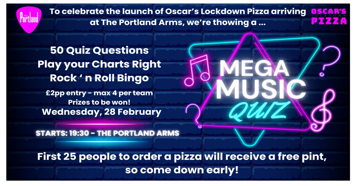 Come and test your knowledge and be the first to get hold of Oscars Pizza at The Portland. Prizes to be won, special offers to be had, what better way to spend a Wednesday evening. Book your table now at theportlandarms.co.uk/wp/table-booki…