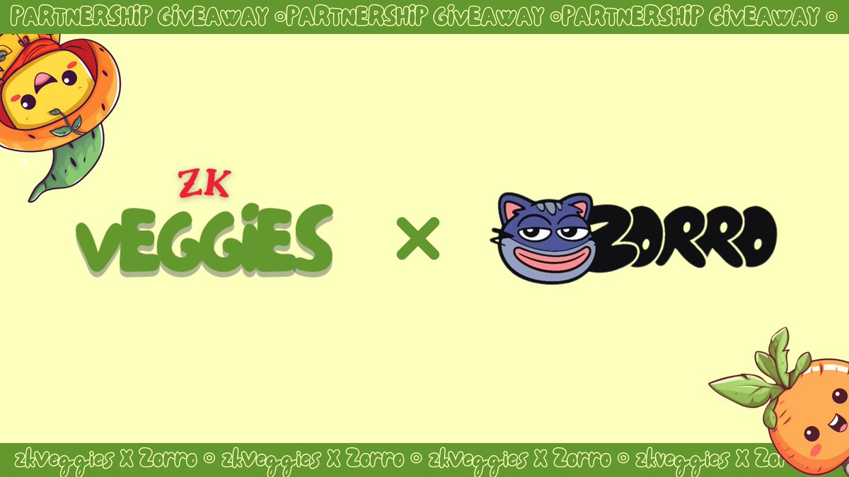 DON'T MISS THIS! 🥦🐱

To celebrate our partnership with <a href="/zkzorro/">It's me, Zorro (∎, ∆)</a>, we're giving away:

-3x zkVeggies NFTs (≈300$) 
-700k $ZORRO (≈300$)

To participate:
-Follow <a href="/zkVeggies/">zkVeggies🥦</a> &amp; <a href="/zkzorro/">It's me, Zorro (∎, ∆)</a> 
-RT / LIKE &amp; Tag 2 frens 

End in 3 Day’s! GL!