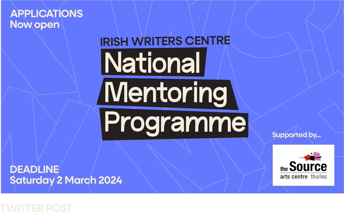 ✏️Applications are now open for the @IrishWritersCtr #NationalMentoringProgramme 2024!

This opportunity is for writers living on the island of Ireland to receive sustained mentoring from an acclaimed Irish writer.

Supported by @sourcearts 
➡️irishwriterscentre.ie/national-mento…