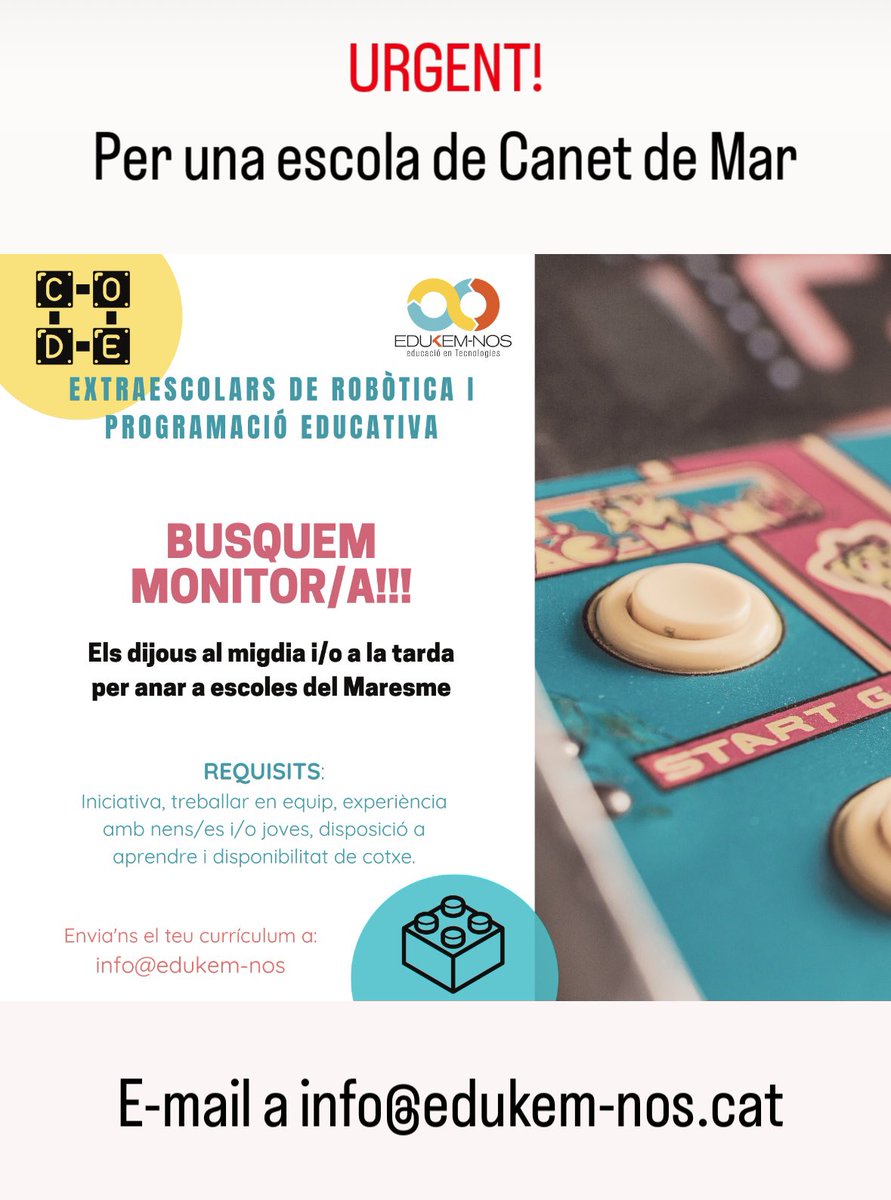 Es necessita monitor/a per fer extraescolars de robòtica a l’esucació primària!! Compartiu siusplau. 
#cercafeina <a href="/ajcanetdemar/">Aj. Canet de Mar</a> #monitorlleure #maresme