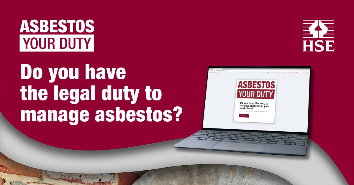 🚨Important message from @H_S_E 

Asbestos didn’t disappear when it was banned in the UK

If your building was constructed before 2000, it may contain asbestos

Check if you have a legal duty to manage asbestos@   hse-etiiz.involve.me/asbestosyourdu…… 

#AsbestosYourDuty #Asbestos