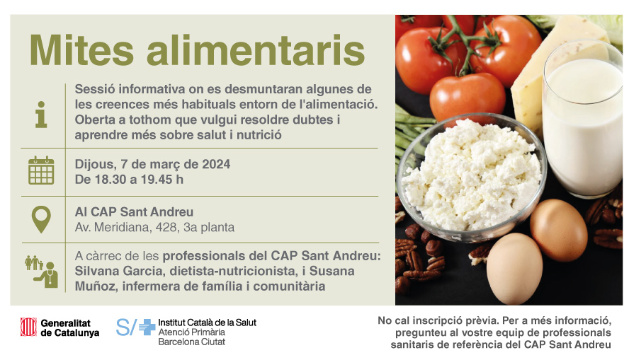 primariaicscat's tweet photo. El #CAPSantAndreu celebra una sessió informativa per desmuntar algunes creences errònies i populars sobre l'alimentació
🗓️Dijous 7 de març de 2024
🕧De 18.30 a 19.45 h
✒️A càrrec de les professionals del CAP Silvana Garcia (dietista-nutricionista) i Susana Muñoz (infermera) https://t.co/RaFa12YXil