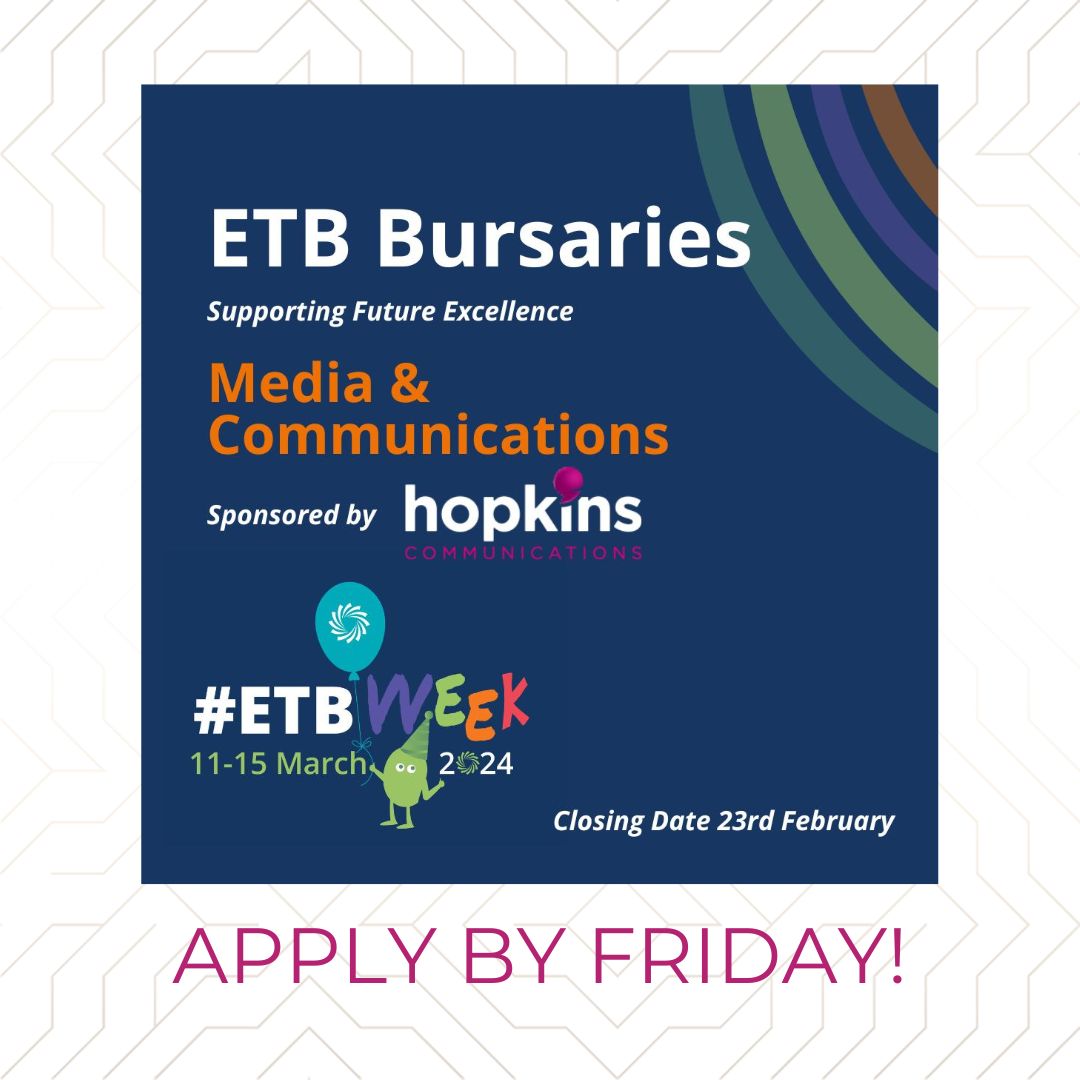 📢 Calling all ETB students!📢 
The deadline for #ETBWeek Media &amp; Communications bursary applications, sponsored by Hopkins Communications is this Friday 23 Feb. Apply now - there's €5,000+ and professional support up for grabs! <a href="/ETBIreland/">ETBI</a> 
bit.ly/3T4bunL
