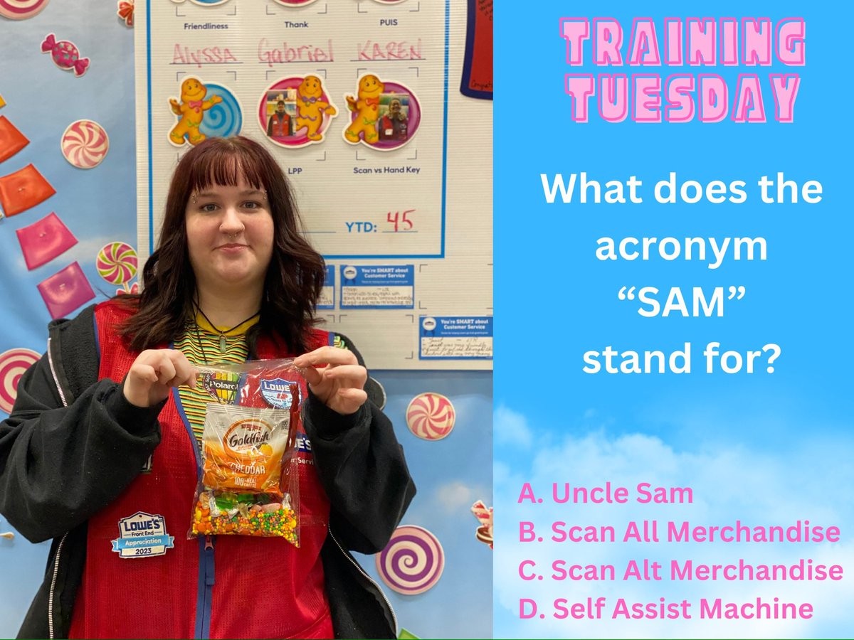 Training Tuesday 🍬 
#FrontEnd1660
Answer: A. 5%
When using your Lowes Credit Card, you save 5% EVERY time 
See you next Tuesday for the answer for this week question 
<a href="/BlueTeam_R21/">Lowe’s Region 21</a>