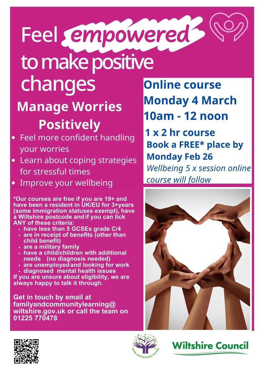 carerswiltshire's tweet photo. Do you need help to manage worries positively and feel empowered to make positive changes in your life? 

The below free online course is suitable for #parentcarers and for any carer who meets just one of the criteria 🩷 https://t.co/bUgyTTmWcK