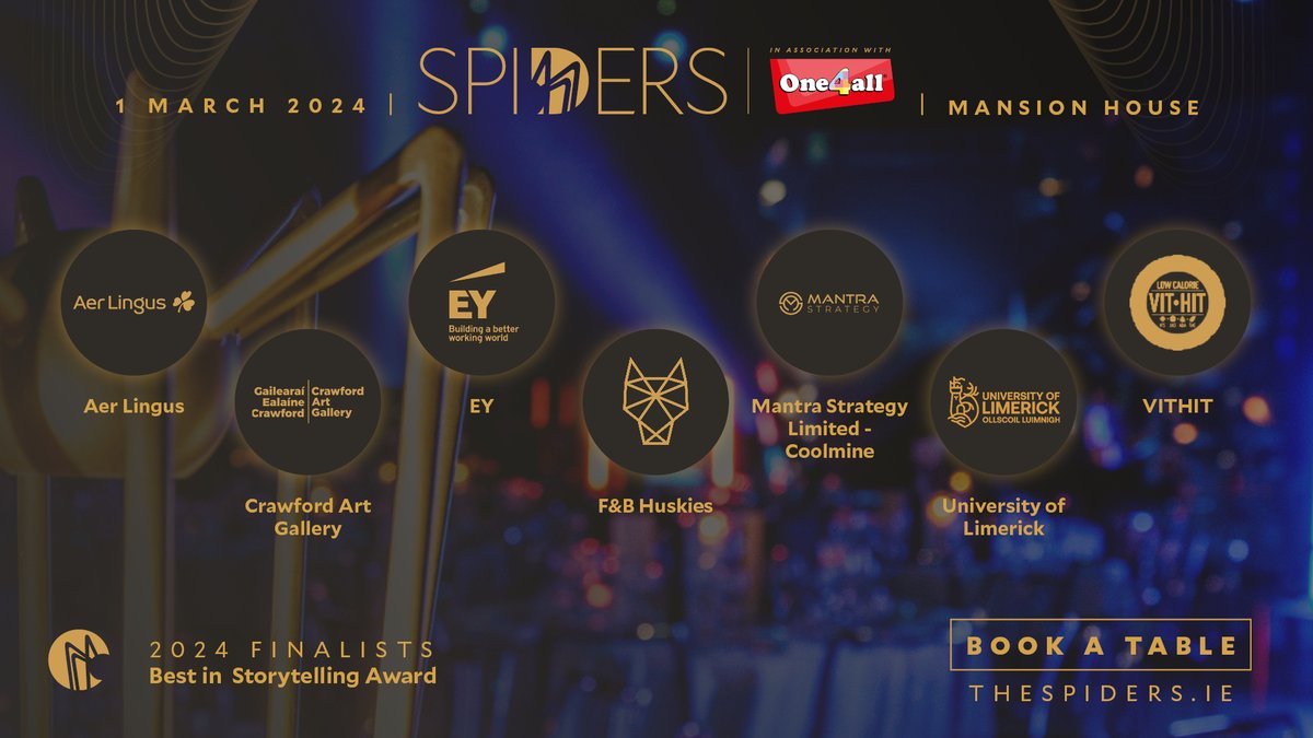 We are thrilled to present the finalists of The Best in Storytelling category for the Spiders Awards 2024! 🎊 @aerlingus,@CrawfordArtGall @huskiesagency ,@mantrastratgrp, @UL, @vithitdrinks @EYnews #spiders24 in association with @one4allireland #One4allRewards #One4all