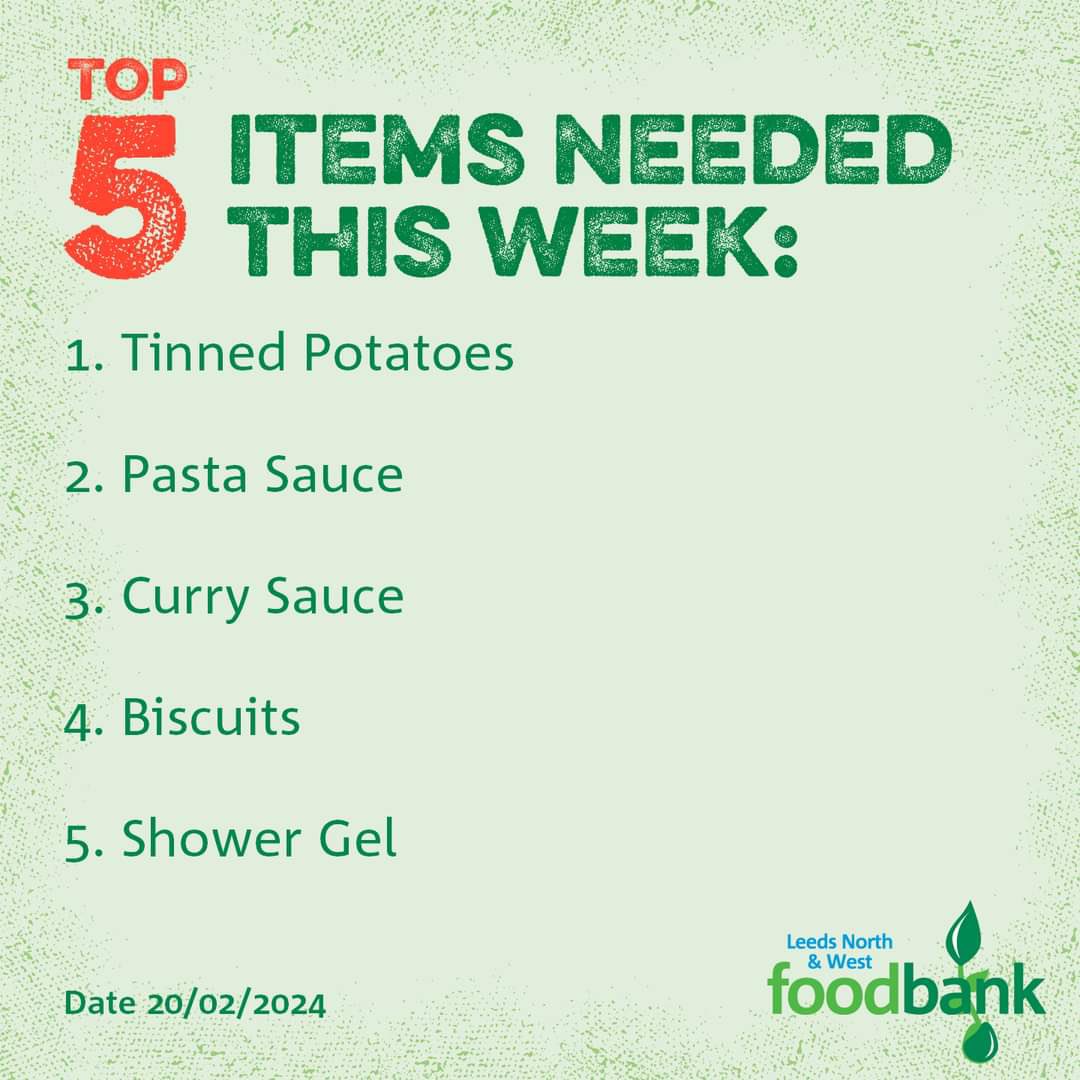 On Friday from 6.30pm our @LUFCFoodbank will be collecting outside the cheese wedge. Here’s the top 10 most needed items this week #leedsbringmore