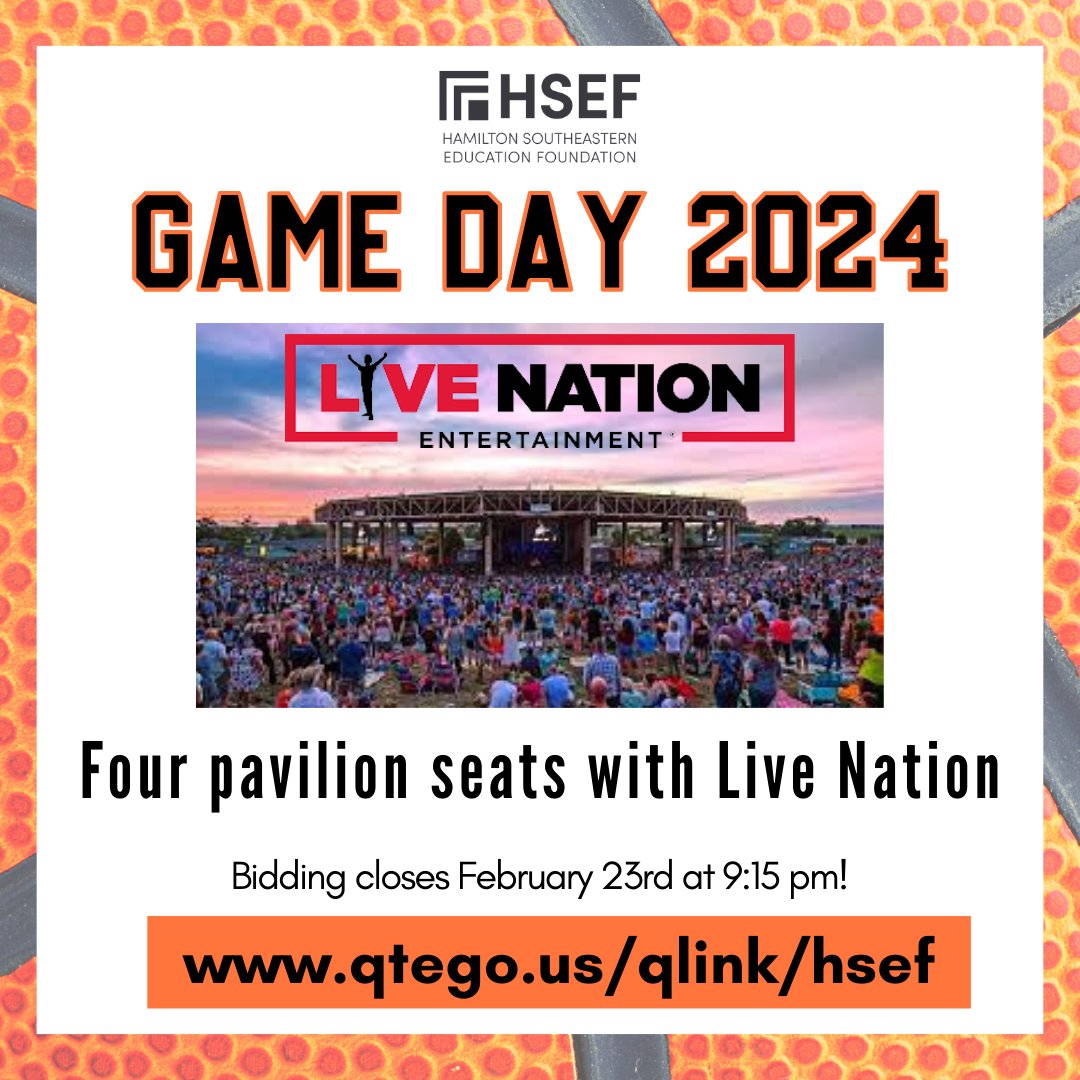 Who is ready for some live outdoor music? Don't miss this package from Live Nation featuring four pavilion seats with VIP parking! 

Bidding closes on Friday at 9:15 pm! qtego.us/qlink/HSEF