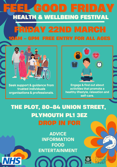 HealthwatchPlym's tweet photo. Feel Good Friday - Health &amp; Wellbeing Festival

On Friday 22nd March, the Health &amp; Wellbeing Festival is being held at The Plot 80-84 Union Street Plymouth, from 10am to 6pm and is free entry for all ages https://t.co/LRRhVc4T1V