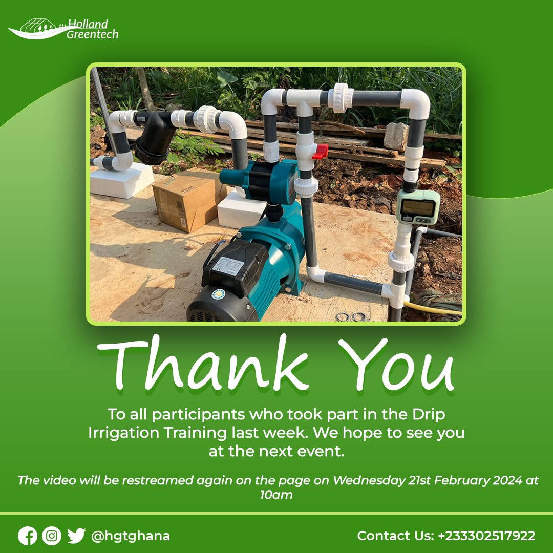 Gratitude to everyone who participated in our Drip Irrigation Training last week! Missed it? No worries! Tune in to the restream on our Facebook Live tomorrow at 10am. Learn from the comfort of your home! Call our contacts on +233 550558317 to purchase.