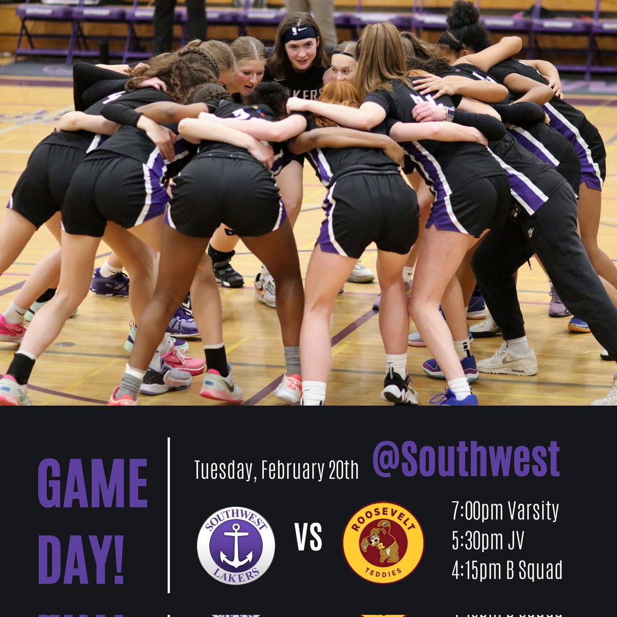 ⚠️ GAME DAY ⚠️ Conference game vs Roosevelt at home tonight! 🏀  B 4:15 JV 5:30, Varsity 7:00 🏀
#lakernation #golakers⚓️ 💜🤍