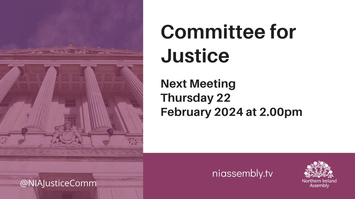 Next meeting - Thursday 22 February 2024. 🔹Briefing from Criminal Justice Inspection Northern Ireland 📆22 February 2024 ⏰2:00pm 📺Watch live - niassembly.tv