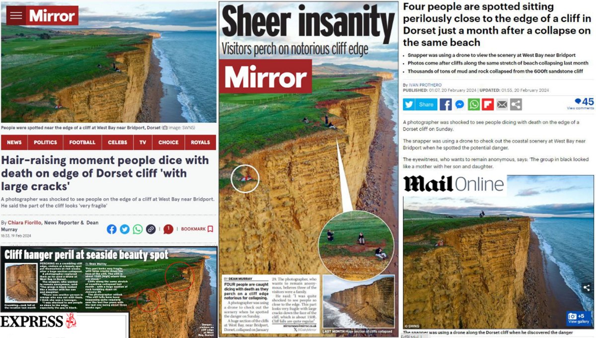 A photographer was shocked to see people dicing with death on the edge of a Dorset cliff on Sunday (19 Feb). The snapper was using a drone to check out the scenery at West Bay near Bridport when he spotted the danger. News outlets via @SWNS