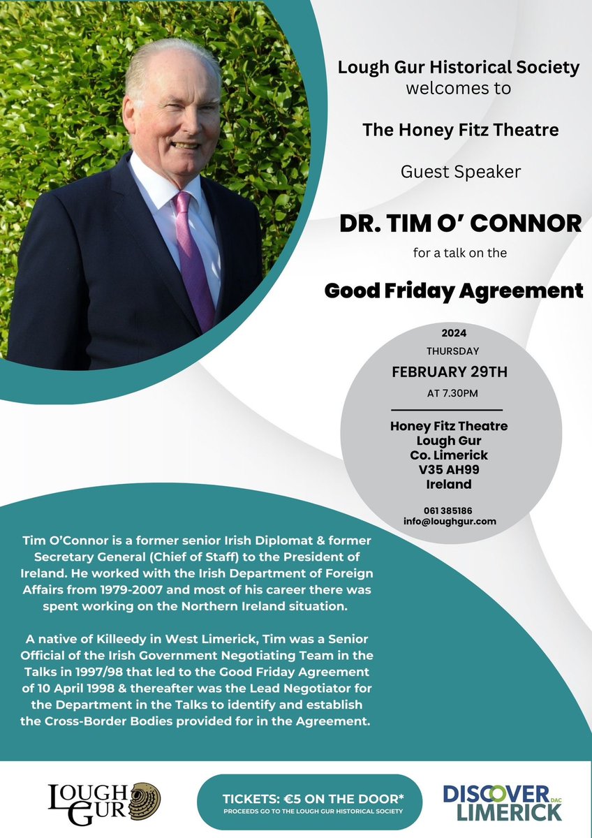 A rare event for your calendar. Former senior Irish Diplomat & Secretary General to the President of Ireland, Dr. Tim O' Connor presents a first hand account of insights into the Good Friday Agreement process. @HeritageHubIRE @Failte_Ireland
