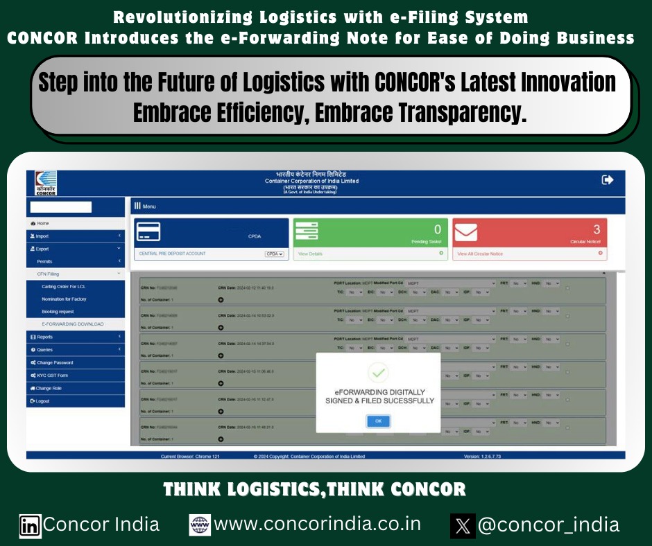 concor_india's tweet photo. CONCOR is thrilled to unveil the latest enhancement in our e-filing system with the release of e-Forwarding Note at ICD TKD for ease of doing business for Stakeholders, marking a new era of efficiency and transparency!
Join us in embracing the future of logistics with our cutting-edge e-Forwarding note system. Let's go digital, let's go efficient! Save Cost & Time💻🌍✨

#DigitalTransformation #Logistics #Efficiency #eForwarding #Innovation #PaperlessOperations #Transparency #TimeSaving #SupplyChainManagement
