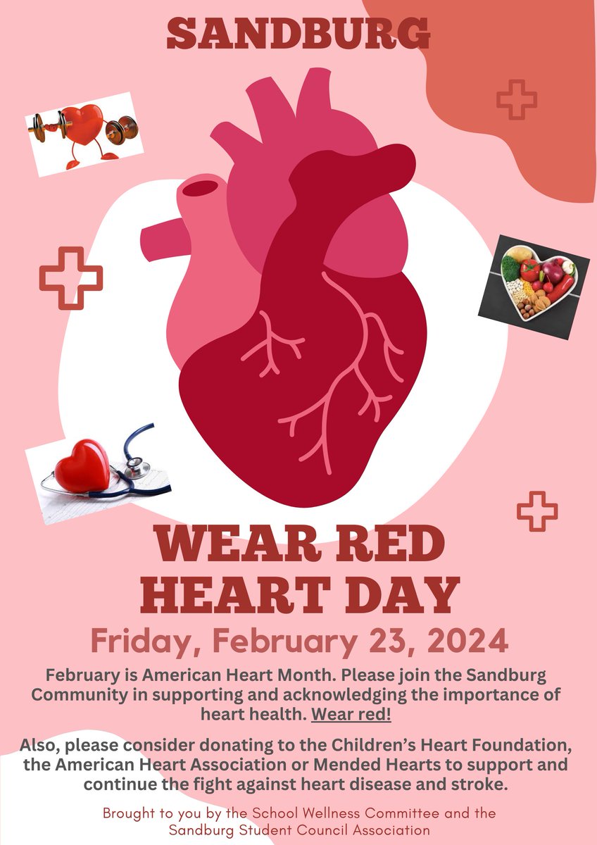 🎈❤️ Sandburg Middle School is proud to support American Heart Month! Join us in raising awareness by wearing red this Friday, February 23rd. Let's show our commitment to heart health together! ❤️🎈 #AmericanHeartMonth #WearRedDay