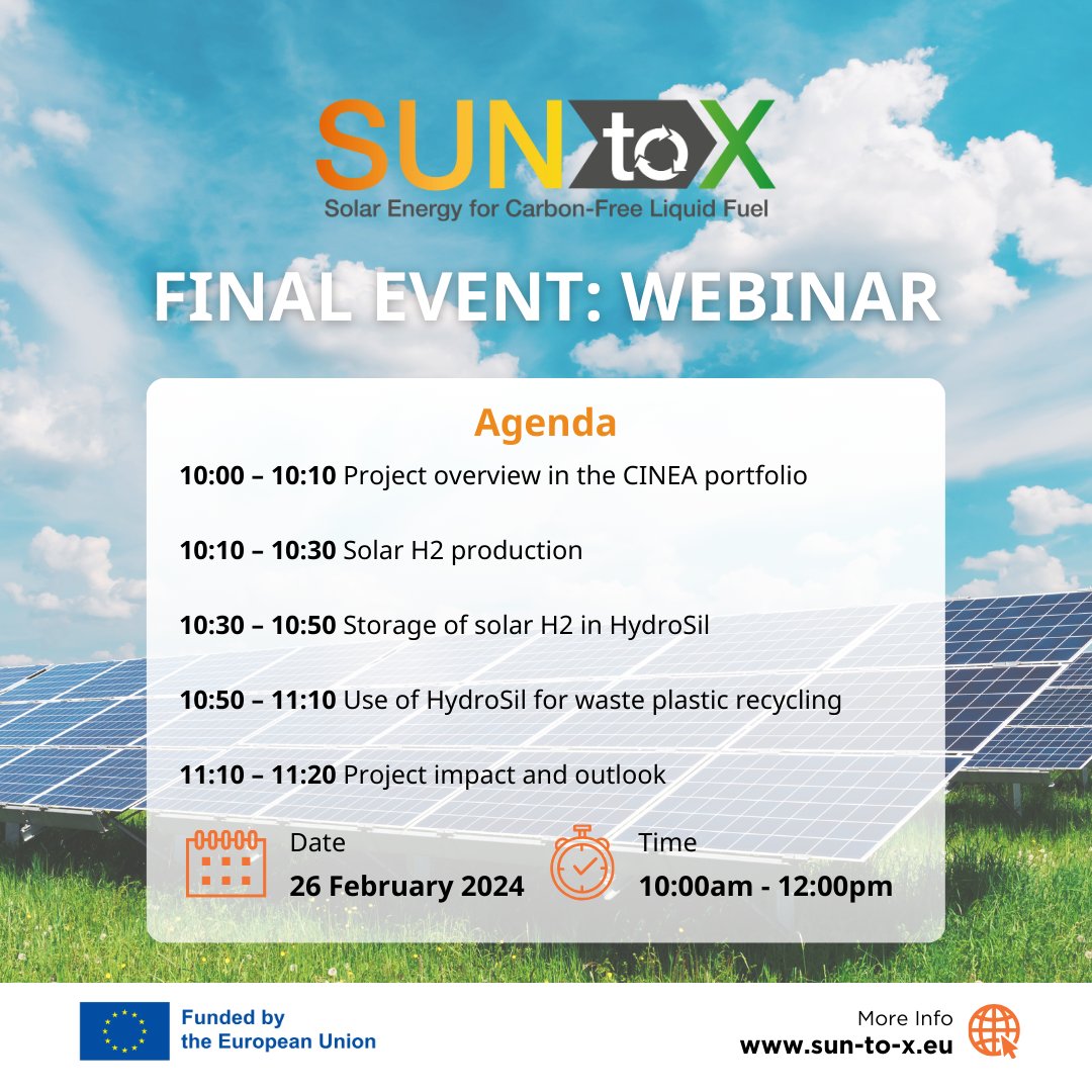 Don't forget to register to our Final Webinar for an overview of the project's results.

📅 Joins us for 2 hours of presentation and discussion on 26 February 2024

Click here to register 👉 evenium.events/zn65cnm1

Don't miss this opportunity to learn about #hydrogenproduction!