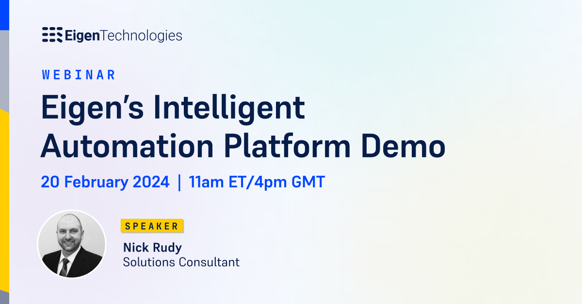 ⏰ Last chance to register for Eigen's Intelligent Automation Platform Demo webinar, taking place today at 11am ET / 4pm GMT.

Our Solutions Consultant, Nick, will be demonstrating how Eigen gives you a faster, safer way to automate with #GenerativeAI.

bit.ly/3OyDygG