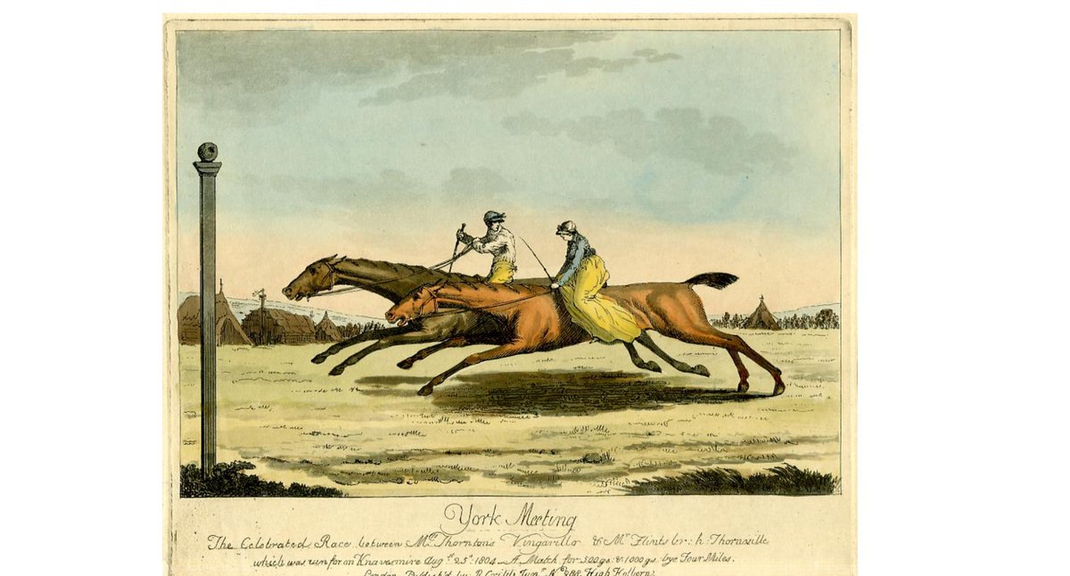 Hi #AncestryHour I've not been here for a while as I'm been researching William Flint (1776-1832) who took part in a famous horse race in York in 1804, the first to feature a female jockey, Alicia Thornton. Contemporary accounts say 100,000 spectators were present. 1/