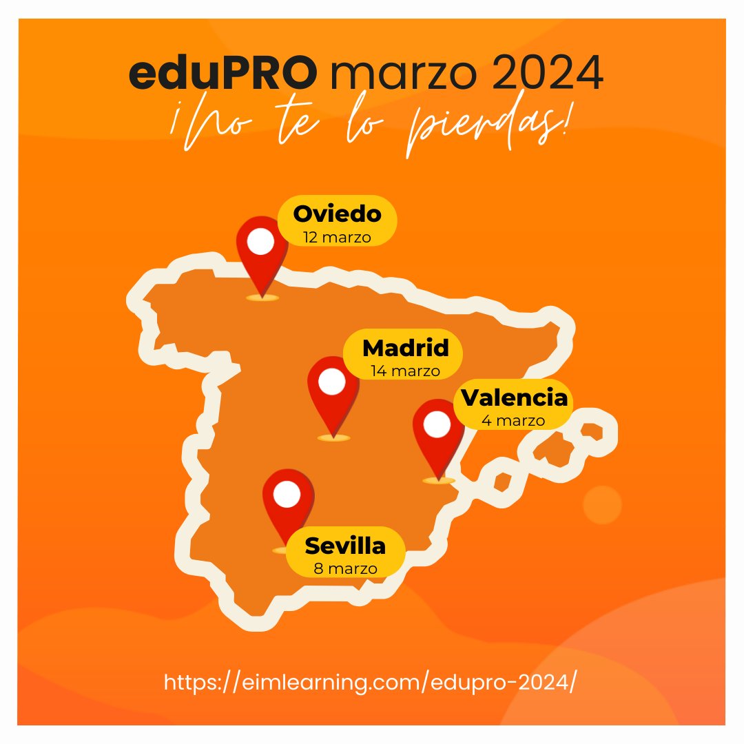 🎓 ¡Atención educadores y líderes educativos!

Llega ¡eduPRO! 🌟 Durante todo el mes, podrás asistir a encuentros formativos únicos.

➡ 4 de marzo - Valencia
➡ 8 de marzo - Sevilla
➡ 12 de marzo - Oviedo
➡ 14 de marzo - Madrid

✍ ¡Inscríbete! eimlearning.com/edupro-2024

#eduPRO
