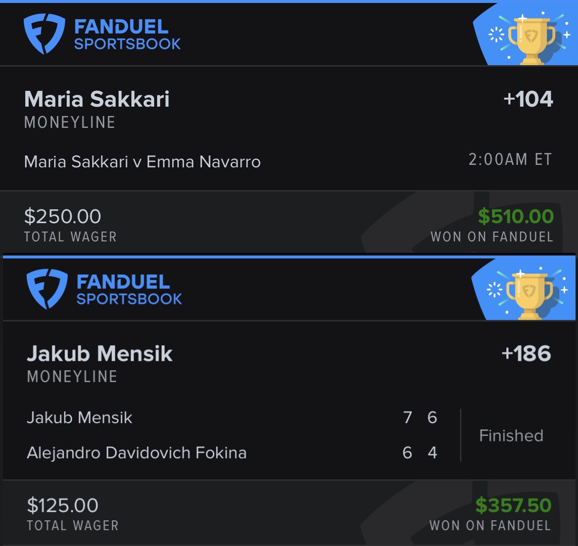 Devin’s Bookie (@devinsbookie) on Twitter photo ✅ Mensik ML +186
✅ Sakkari ML +105
❌ Kudermetova ML -125
❌ Mensik/Fokina O2.5 +200
Another profitable morning from <a href="/TennisGuru2021/">TennisGuru🎾</a> with some nice plus money winners. Let’s have a day. ✅ Mensik ML +186
✅ Sakkari ML +105
❌ Kudermetova ML -125
❌ Mensik/Fokina O2.5 +200
Another profitable morning from <a href="/TennisGuru2021/">TennisGuru🎾</a> with some nice plus money winners. Let’s have a day.