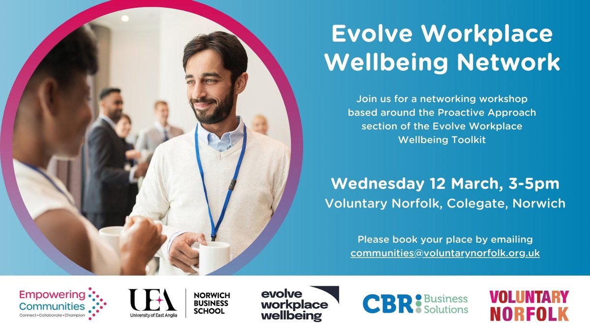 📢Another callout for VCSE colleagues supporting workplace #wellbeing! 👇Join our supportive, collaborative workshop to learn from UEA's @EvolveWorkWell & discuss the challenges & opportunities in your organisation 🌱 @EC_Norfolk