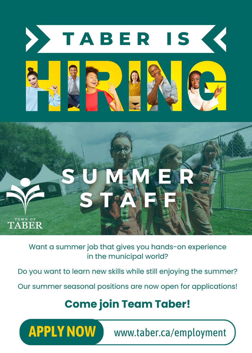 TownofTaber's tweet photo. Want to work for the best municipality* in Alberta this summer? Our #Taber seasonal positions in multiple departments are now open for applications. You have until March 8th to apply, so don't delay: https://t.co/6x0IB1IGbT

*This post brought to you by extreme bias! 😉 https://t.co/03AW1Dr649