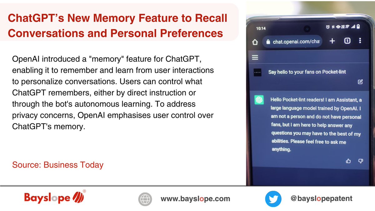 Introducing ChatGPT's Memory Feature: Personalized Conversations with User-Controlled Recall.

#AI #Personalization #UserControl #ChatGPT #Memory #Conversations #Privacy #AutonomousLearning #AIAssistant #NaturalLanguageProcessing #UserPreferences #TechInnovation