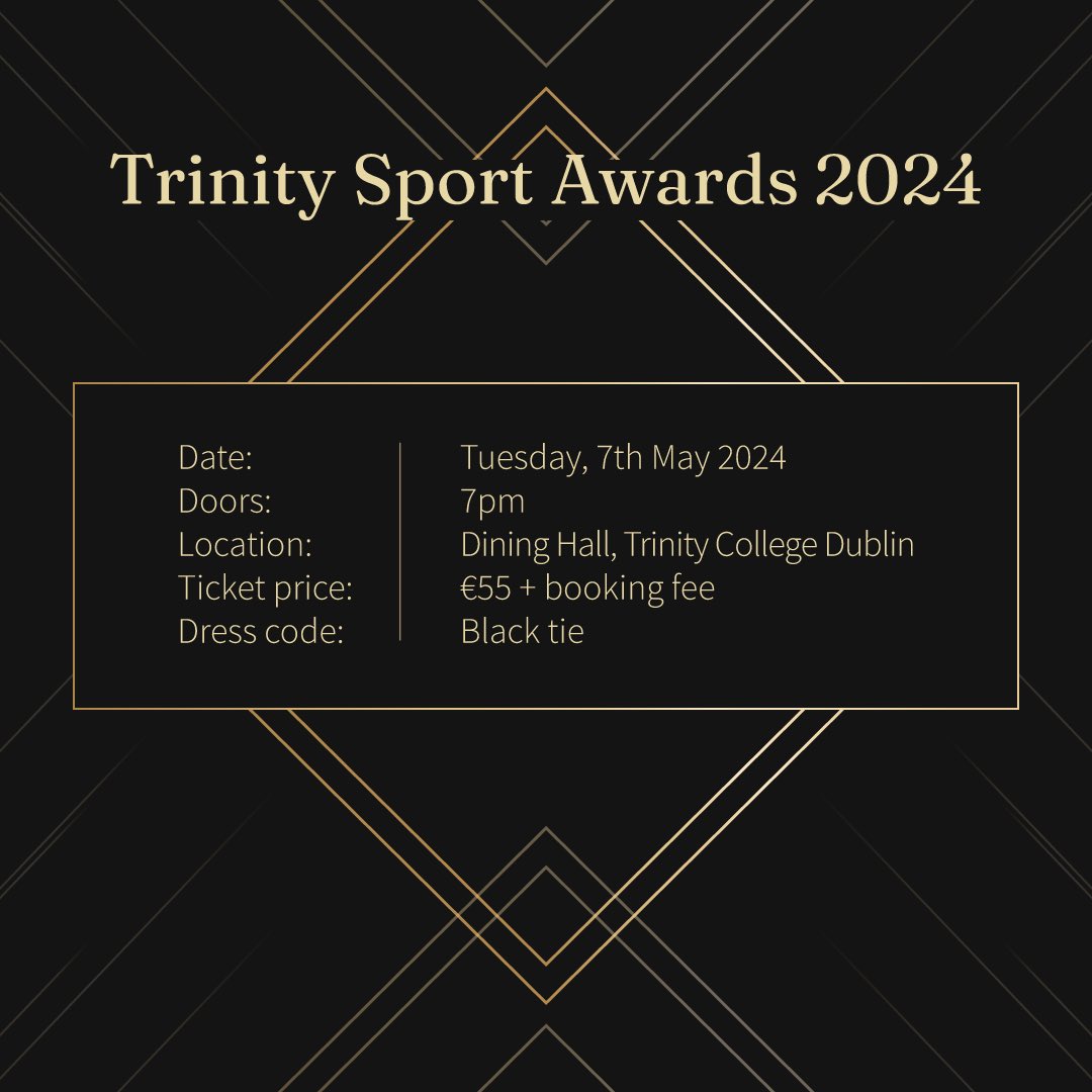 ✨Get ready for the Trinity Sport Awards 2024! ✨

Join us on the 7th May at the Dining Hall to celebrate the sporting year @tcddublin 🙌🏼 It promises to be a night to remember with dinner and an awards presentation! 

🎫 fixr.co/event/trinity-…

#CelebrateYourSport