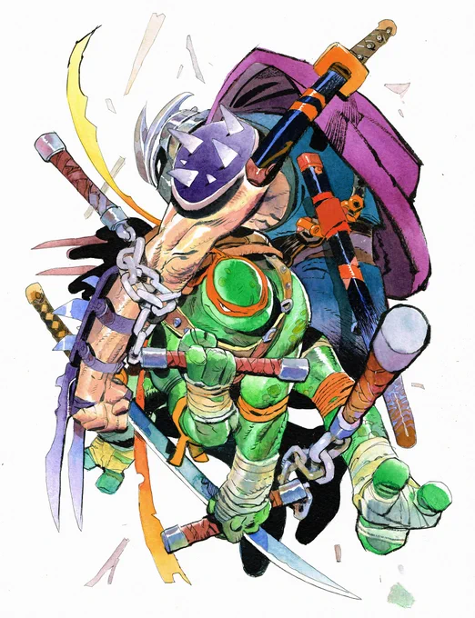Mikey vs Shredder! Commission - ink and watercolor#tmnt 