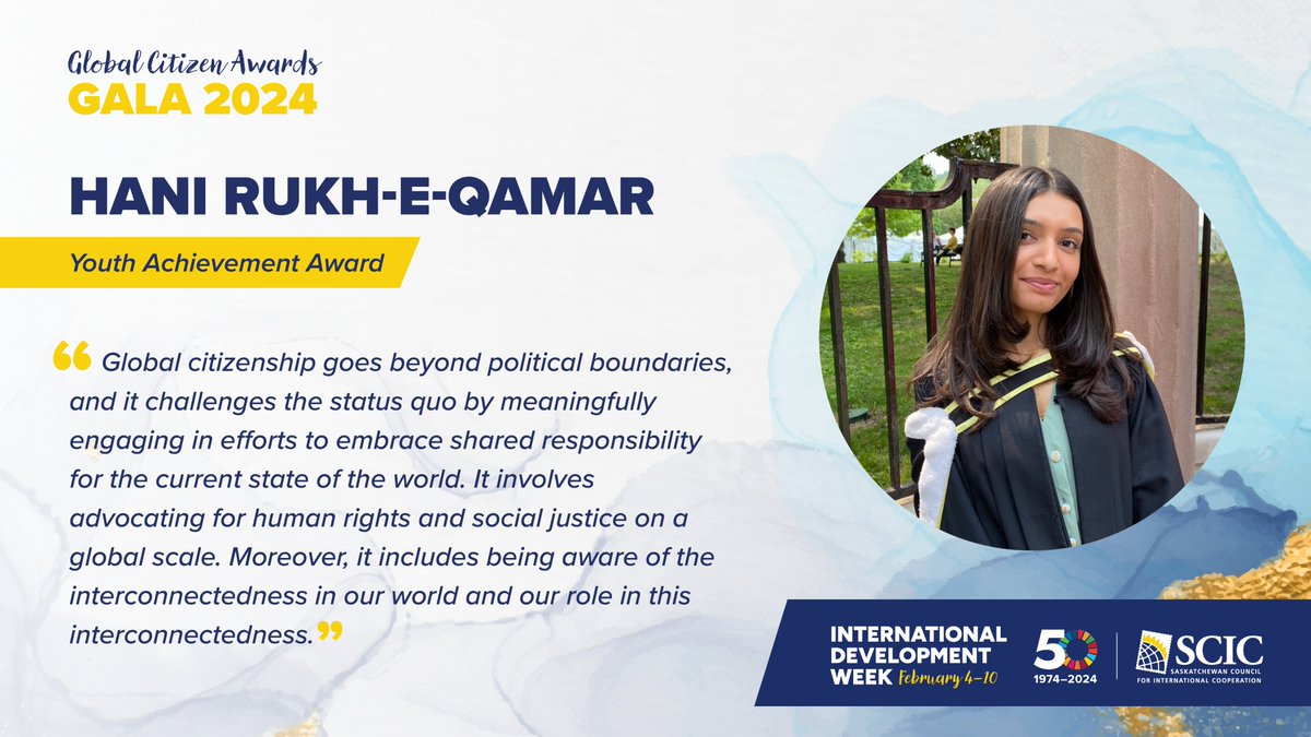 Congratulations, Hani Rukh E Qamar, this year's recipient of the SCIC Global Citizen Youth Award! #saskcic #GoForTheGoals #idw2024 #saskatchewan #GlobalCitizenship #sdgs2030 #internationaldevelopment #VisezLesObjectifs