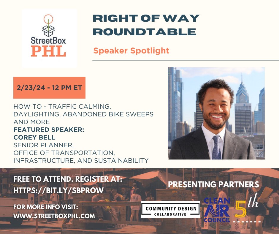 Please join us for our next ROW Roundtable, where we will learn about requesting speed bumps, abandoned bike sweeps and more.

Click this link  bit.ly/SBPROW for more info and to register for our upcoming roundtables! #StreetBoxPhl #RightofWay