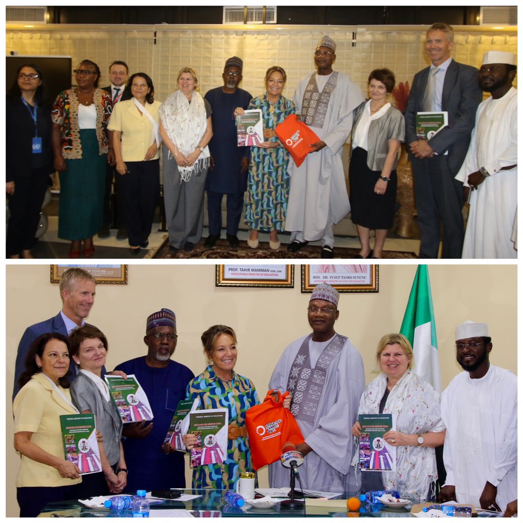 Brilliant discussions & rapport w/@NigEducation Min Mamman +Min of State & #ECW @YasmineSherif1 +#ExCom Co-Chairs during joint mission in🇳🇬. Together, we can increase access to quality+#HolisticEducation for crisis-affected children to reach their full potential✨#AfricanUnion.