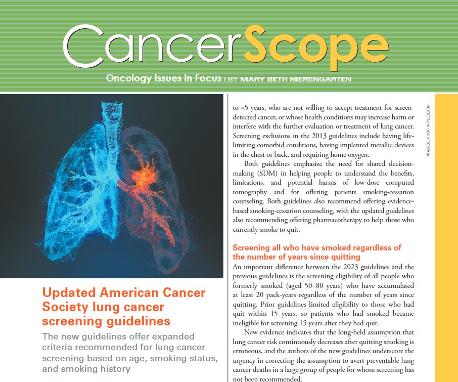 New in CancerScope | Updated American Cancer Society lung cancer screening guidelines acsjournals.onlinelibrary.wiley.com/doi/epdf/10.10… The new @AmericanCancer guidelines offer expanded criteria recommended for lung cancer screening based on age, smoking status, and smoking history. @OncoAlert