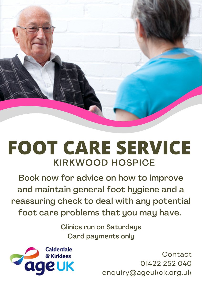 We're re-launching our Footcare Service in Kirkwood Hospice on Saturdays. Come visit us for high quality, professional foot care and nail cutting service. We are currently taking card payments only. For more information, please visit our website: ageuk.org.uk/calderdaleandk…