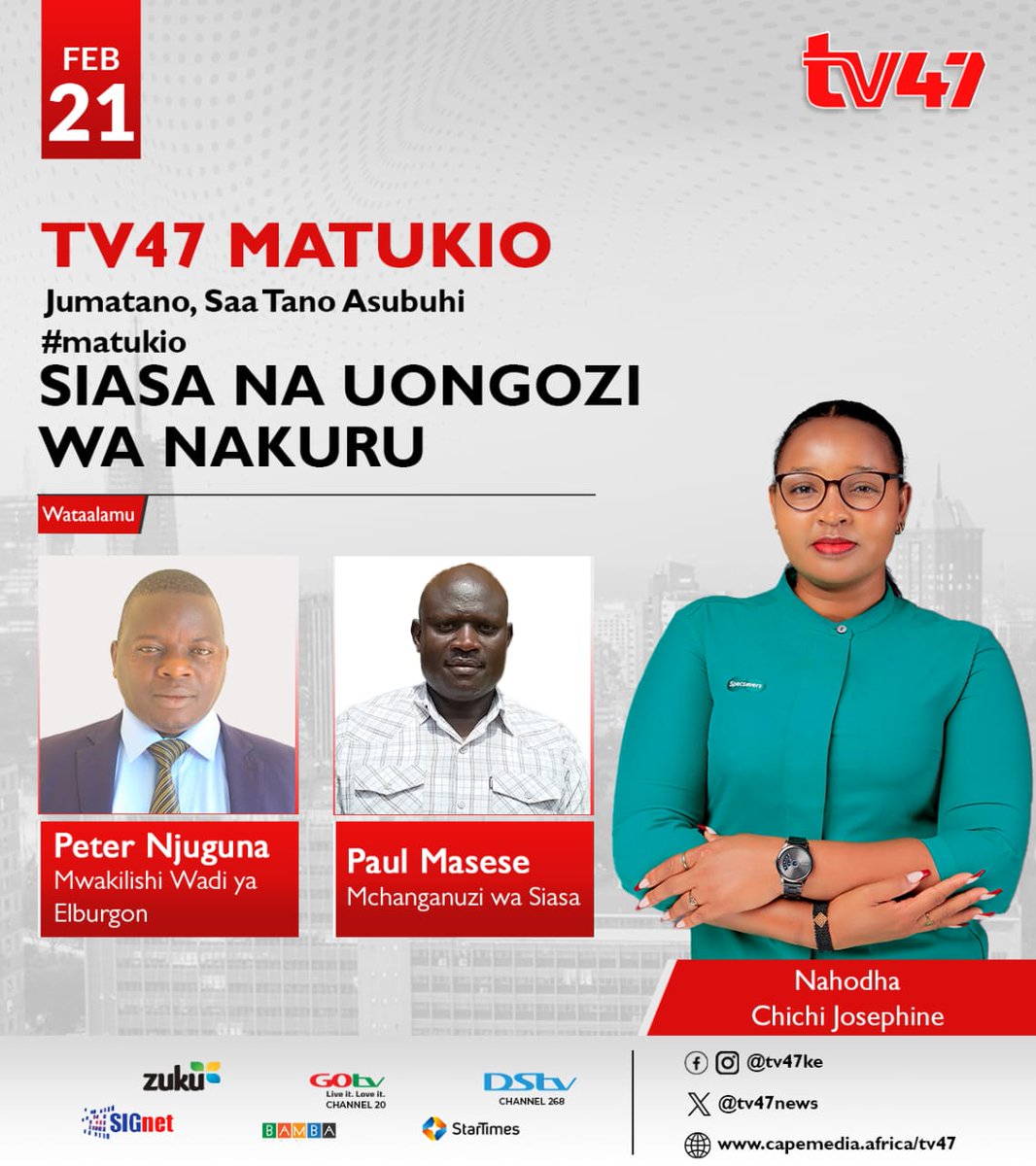 Join Mr. Masese Kemunche, CEO <a href="/cedgg_2001/">Centre for Enhancing Democracy and Good Governance</a>, at 11:00am tomorrow Wednesday, 21st February 2024, on <a href="/tv47news/">TV47</a> for an  eye-opening discussion  on Nakuru's current  political status and  leadership.
#hakinauongozibora
#matukio