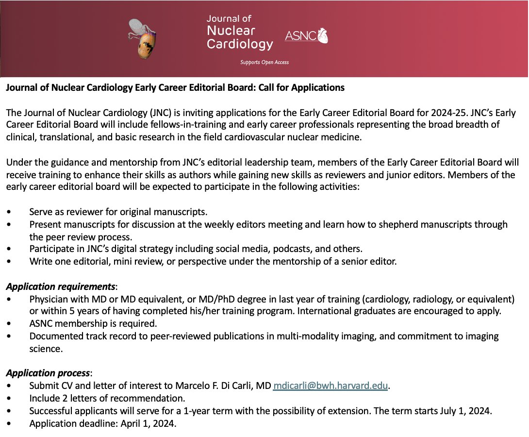 🌟 Attention Emerging Leaders in Nuclear Cardiology! 

The Journal of Nuclear Cardiology is excited to announce the call for applications for its 2024 Early Career Editorial Board!
We're looking for dynamic fellows-in-training and early career professionals eager to bring their