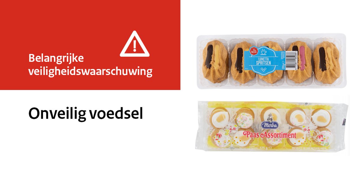 Veiligheidswaarschuwing Lunetta spritsen en Excellent Paas crème melange. Diverse supermarkten en winkels waarschuwen voor deze producten die mogelijk kleine metaaldeeltjes bevatten. Eet de koekjes niet. nvwa.nl/documenten/waa…
