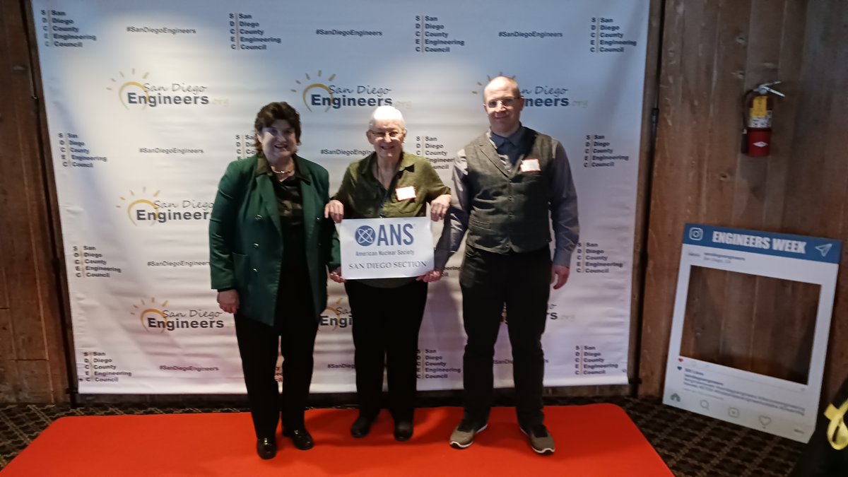 American Nuclear Society San Diego Section Chair Katherine Parteine, Vice-Chair Florian Effenberg, and Executive Committee member Julia Taylor attended the 73rd annual #SanDiegoEngineers Week Awards Banquet on Monday, February 19, 2024, to kick off Engineers Week #EWEEK24.